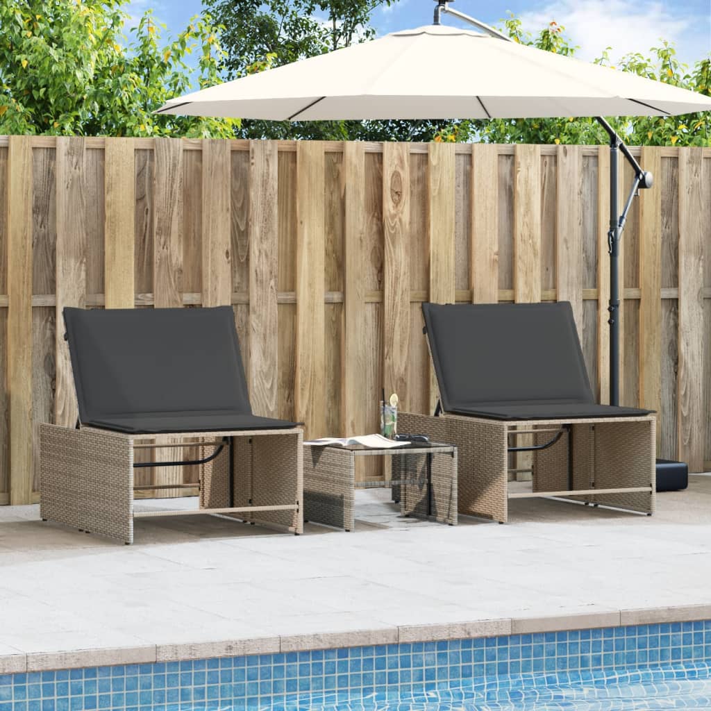 Sun loungers with table 2 pcs PE rattan grey