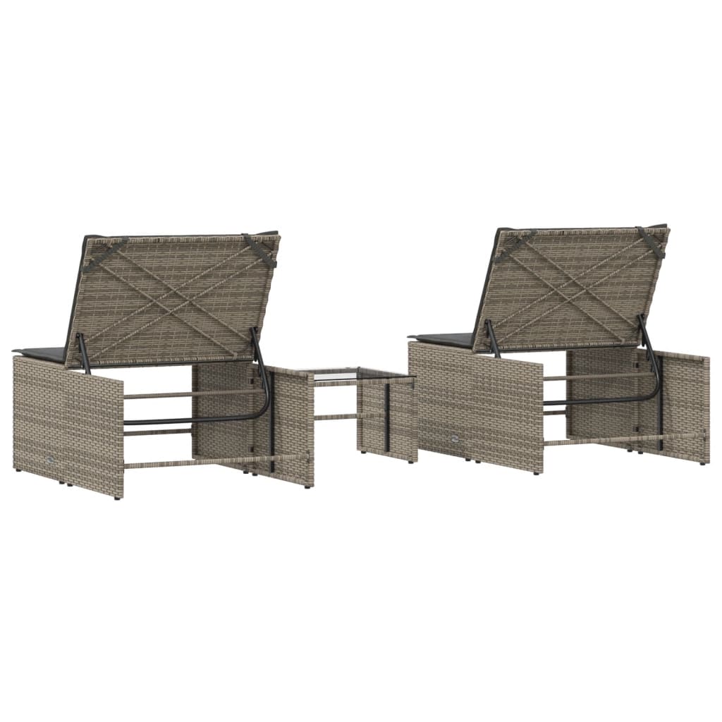 Sun loungers with table 2 pcs PE rattan grey