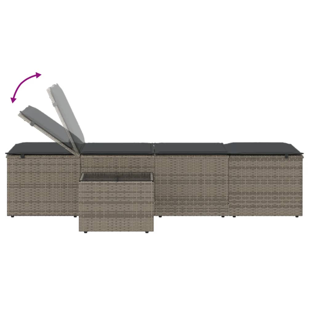 Sun loungers with table 2 pcs PE rattan grey
