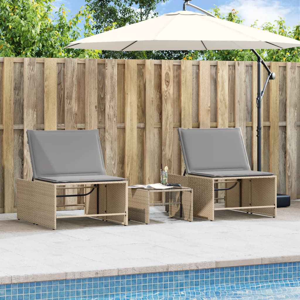 Sun loungers with table 2 pcs PE rattan beige