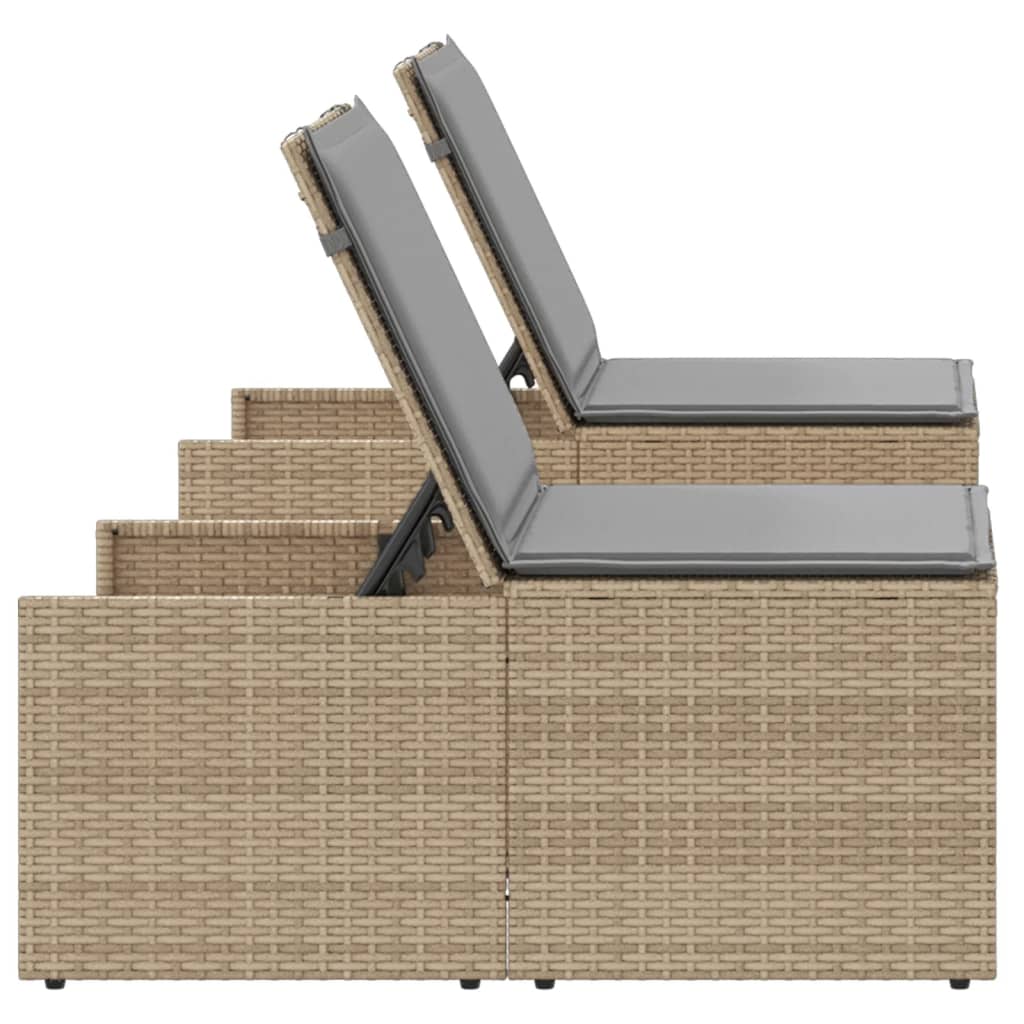 Sun loungers with table 2 pcs PE rattan beige