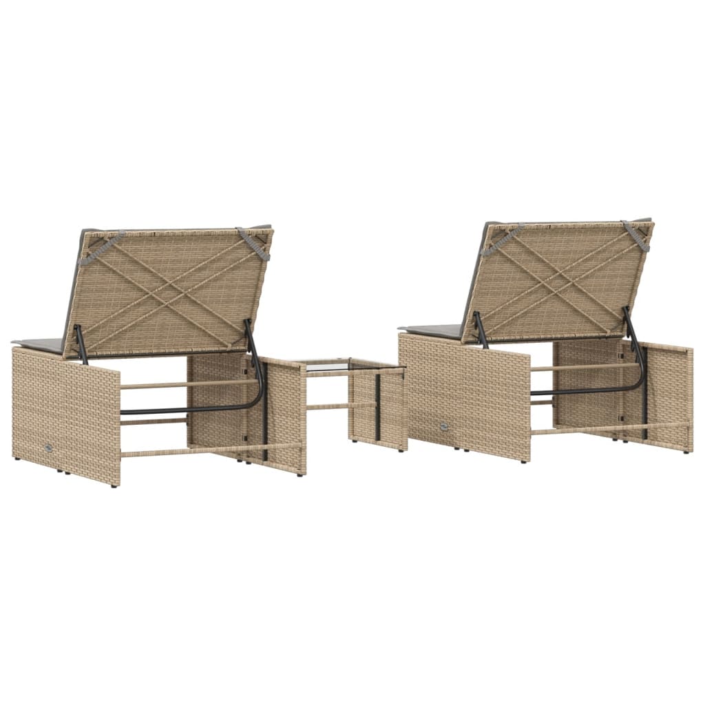 Sun loungers with table 2 pcs PE rattan beige
