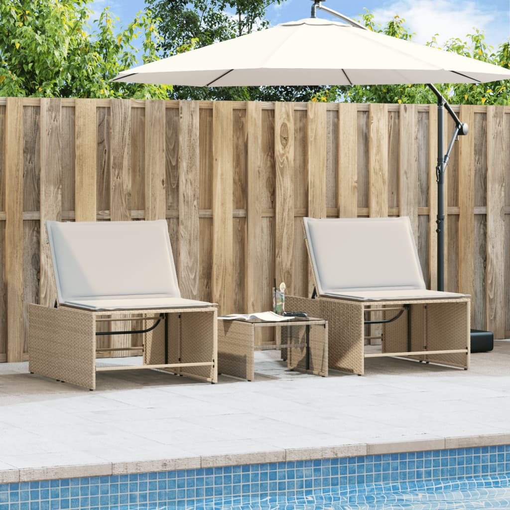 Sun loungers with table 2 pcs PE rattan beige