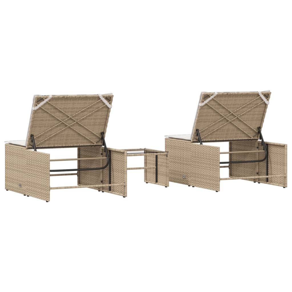 Sun loungers with table 2 pcs PE rattan beige