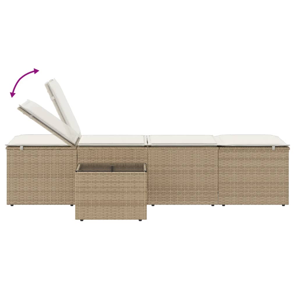 Sun loungers with table 2 pcs PE rattan beige