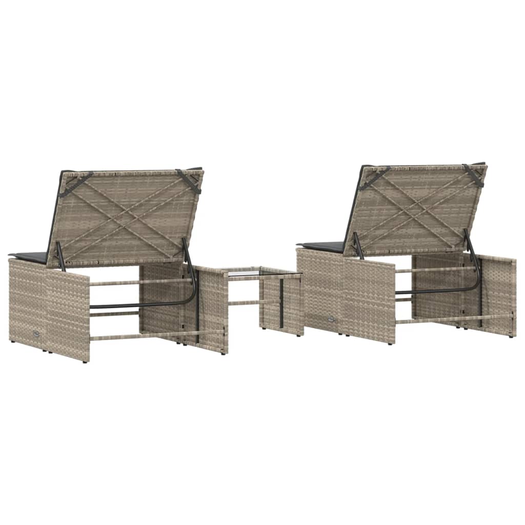 Sun loungers with table 2 pcs PE rattan light grey