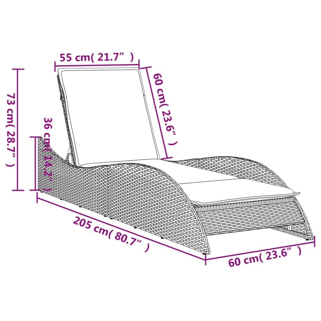 Sun lounger with cushion 60x205x73 cm PE wicker grey