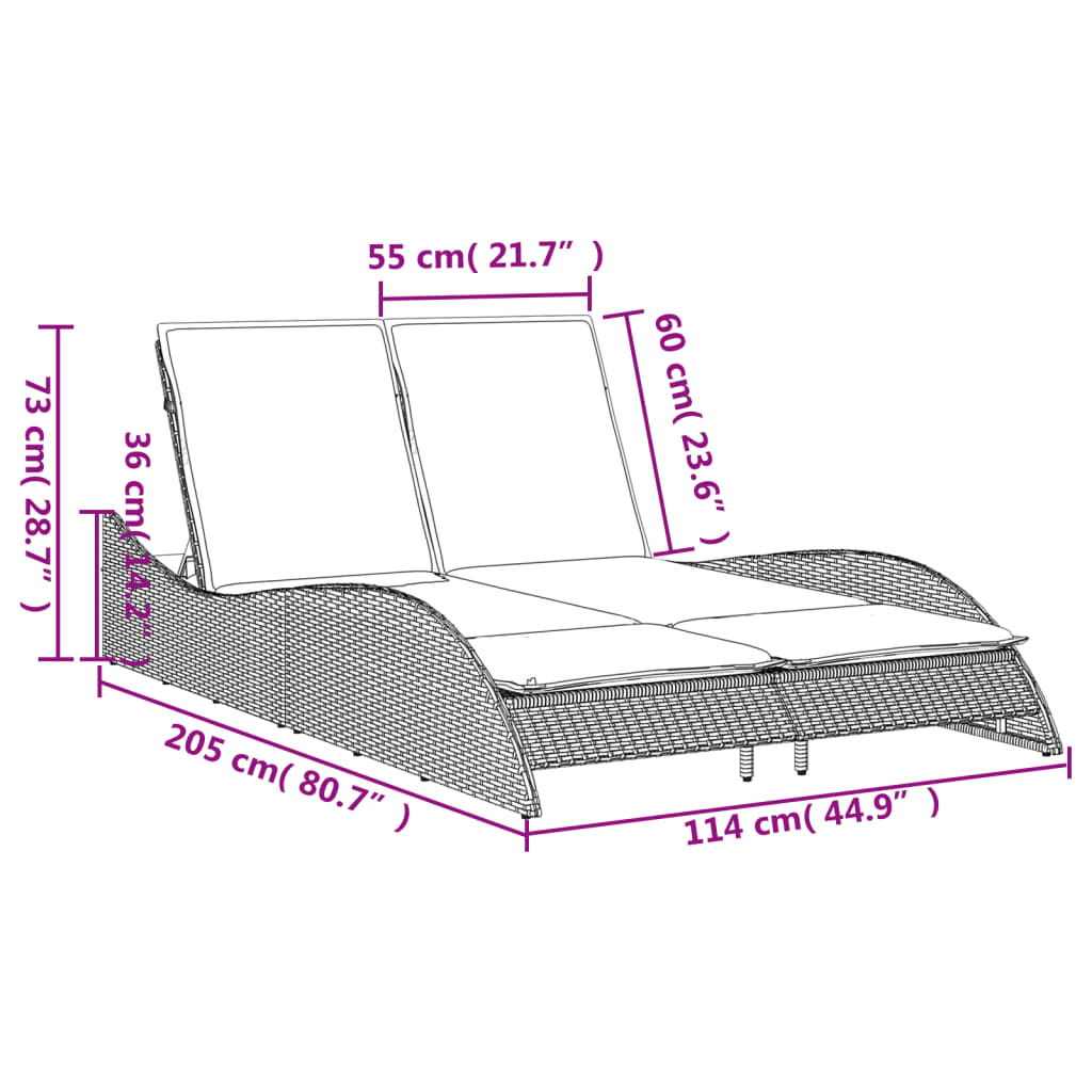 Sun lounger with cushions 114x205x73 cm light grey PE wicker