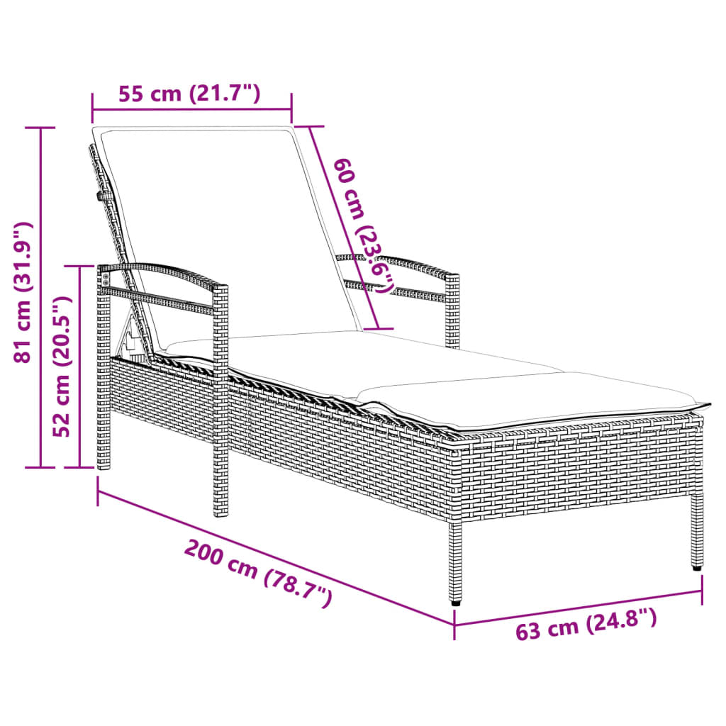 Sun lounger with cushion 63x200x81 cm black PE wicker