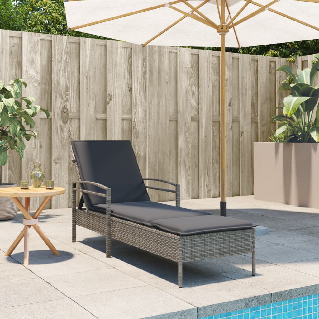 Sun lounger with cushion 63x200x81 cm PE wicker grey