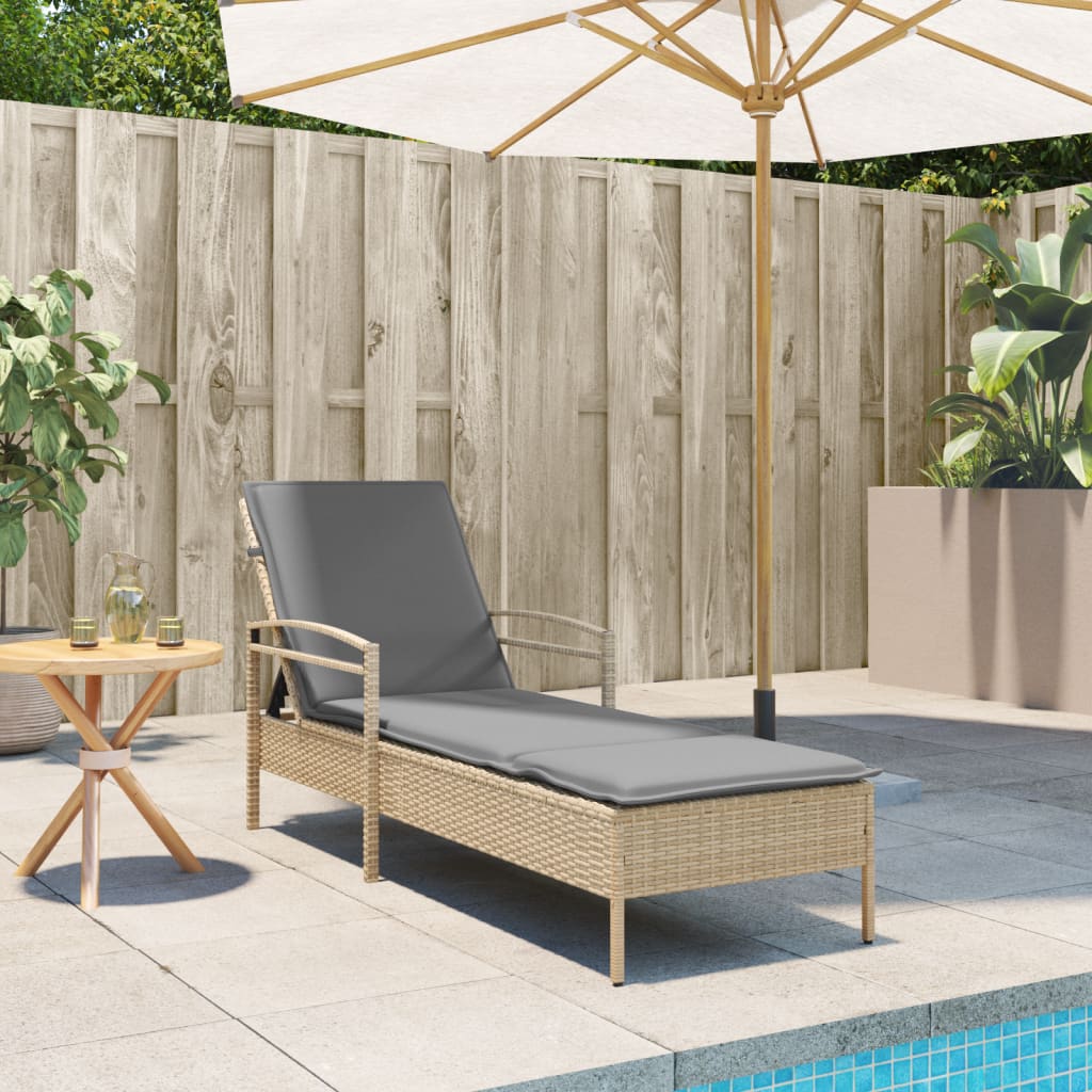 Sun lounger with cushion 63x200x81 cm PE wicker beige