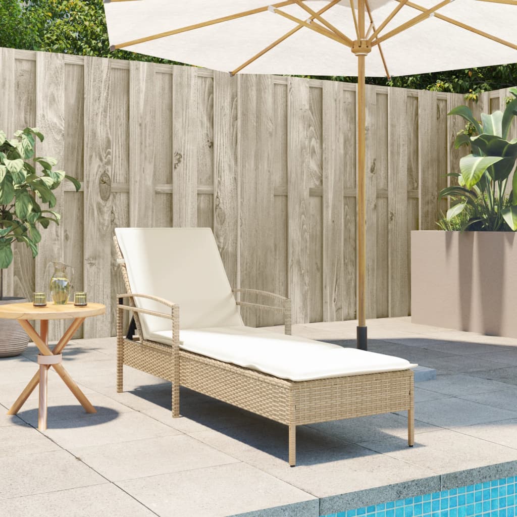 Sun lounger with cushion 63x200x81 cm PE wicker beige