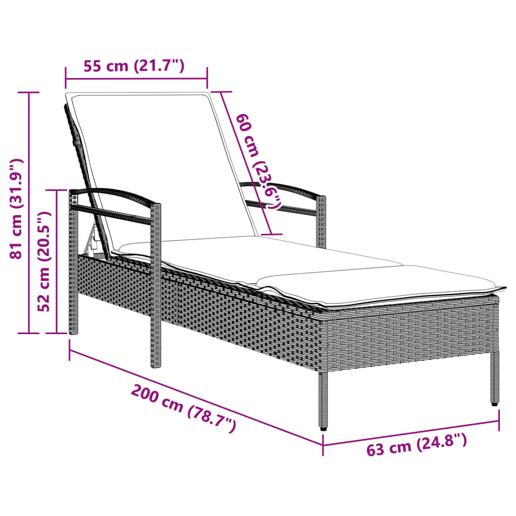 Sun lounger with cushion 63x200x81 cm light grey PE wicker