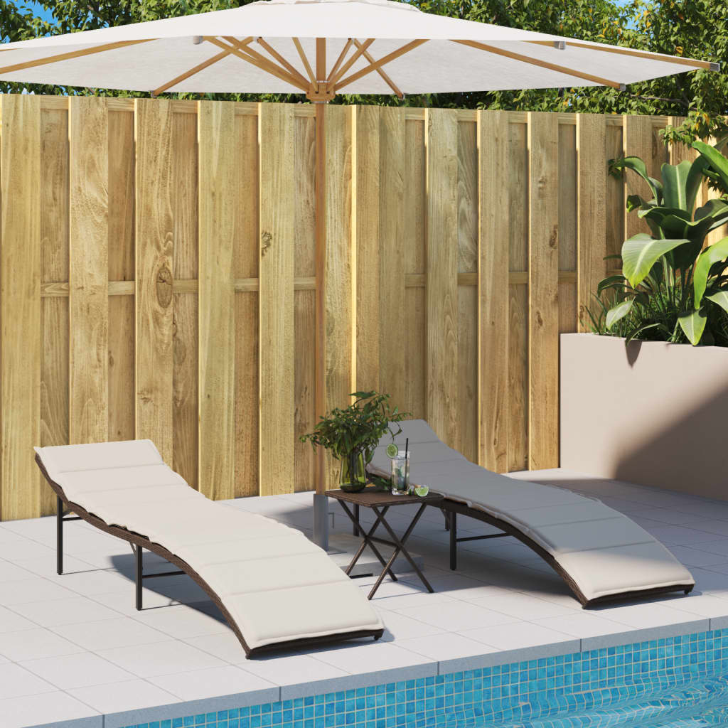 Sun loungers with table 2 pcs PE rattan brown