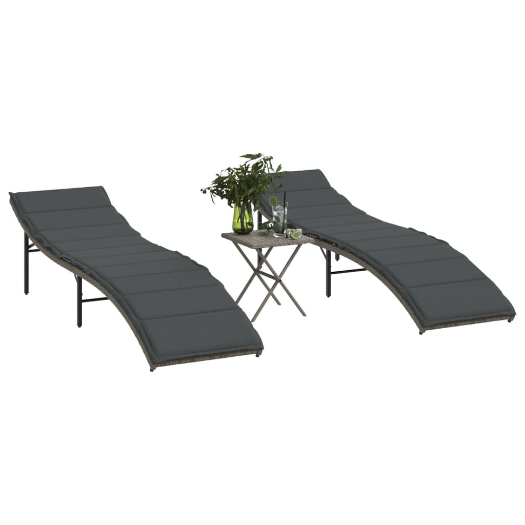Sun loungers with table 2 pcs PE rattan grey