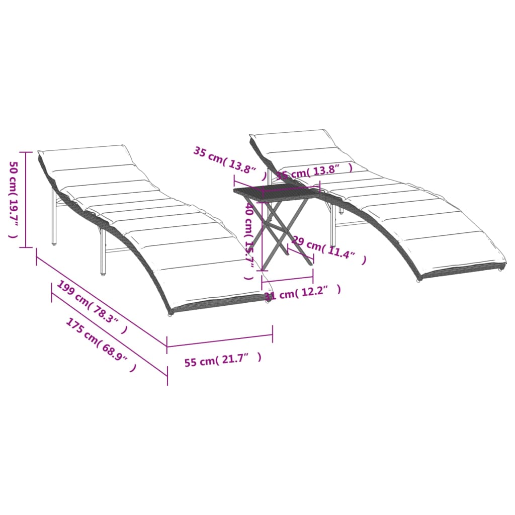 Sun loungers with table 2 pcs PE rattan light grey