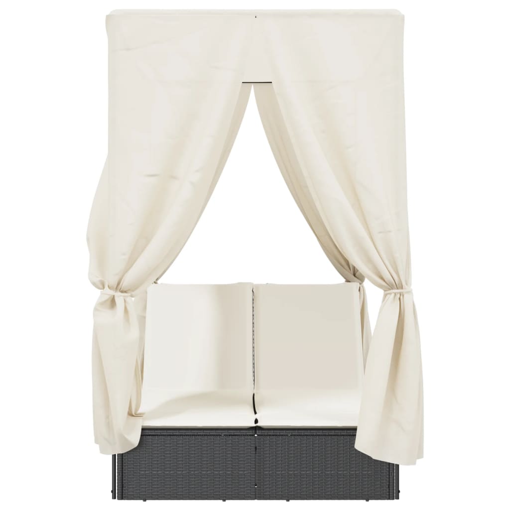 Double sun lounger with roof and curtains in black PE wicker