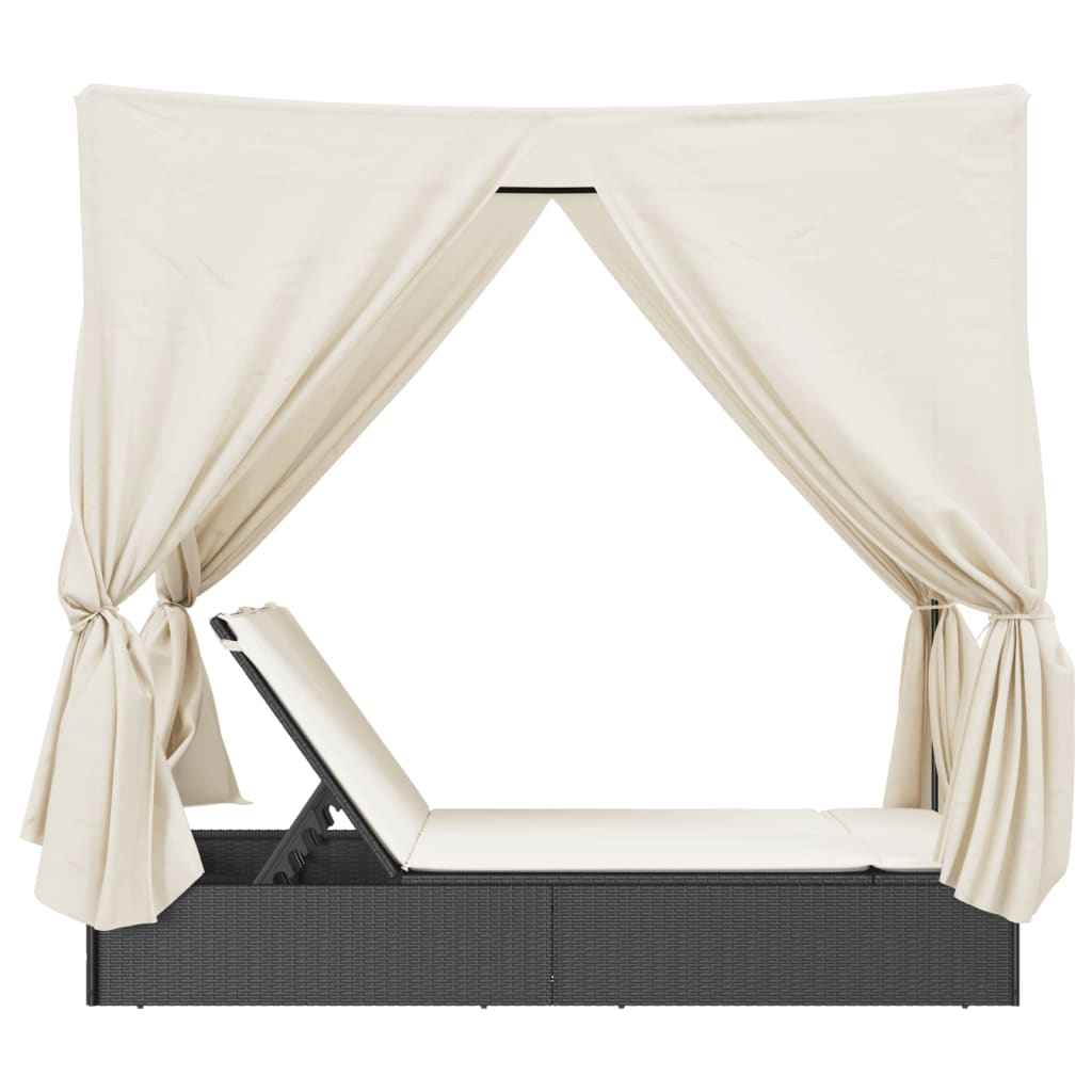 Double sun lounger with roof and curtains in black PE wicker
