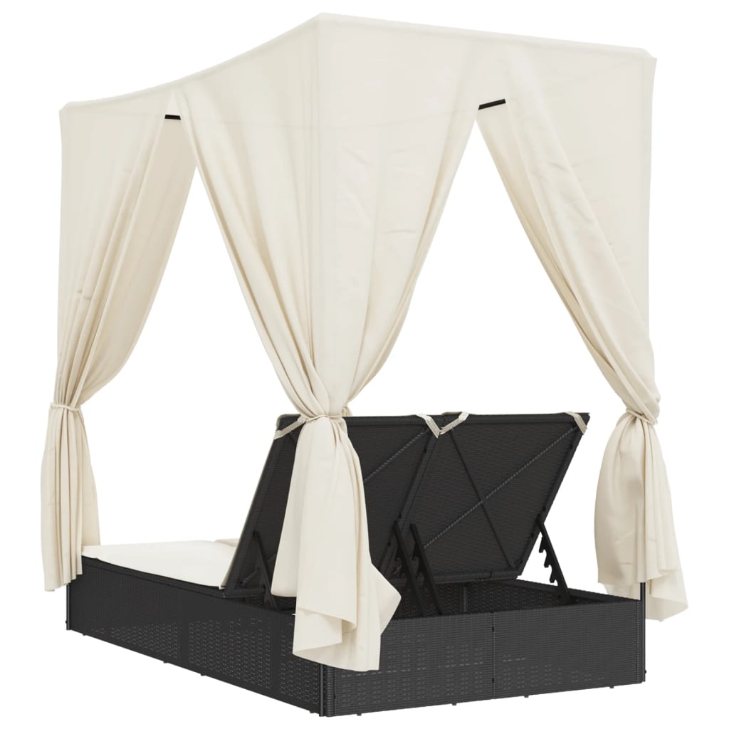 Double sun lounger with roof and curtains in black PE wicker
