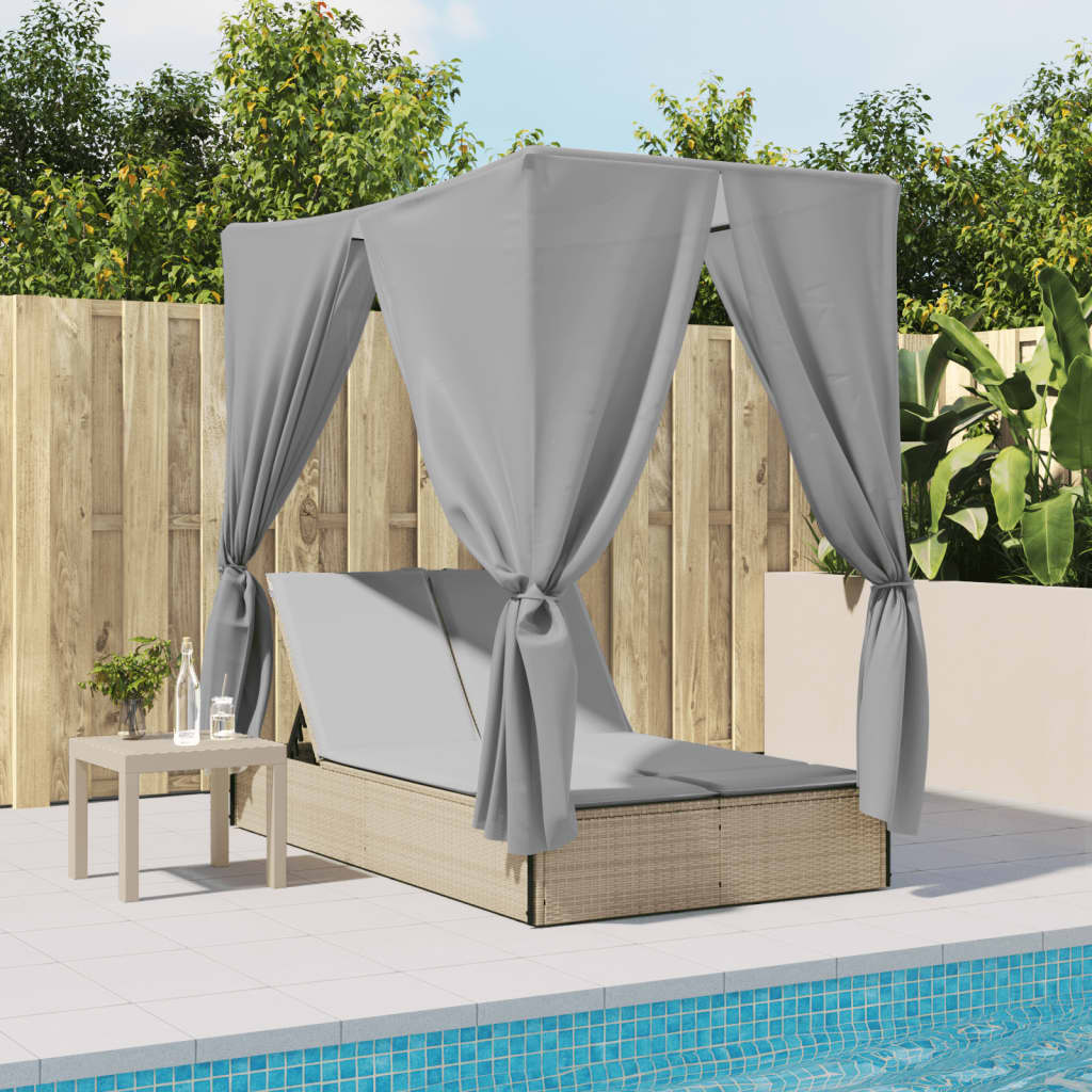 Double sun lounger with roof and curtains in beige PE wicker