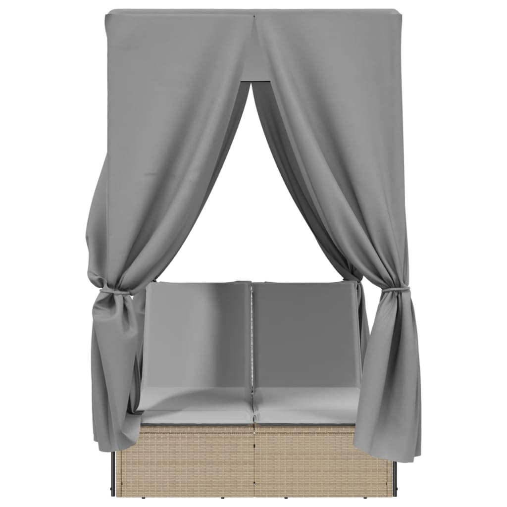 Double sun lounger with roof and curtains in beige PE wicker