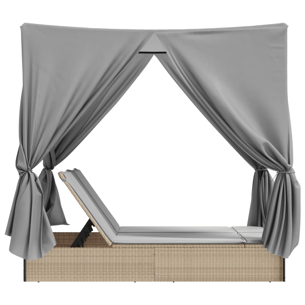 Double sun lounger with roof and curtains in beige PE wicker