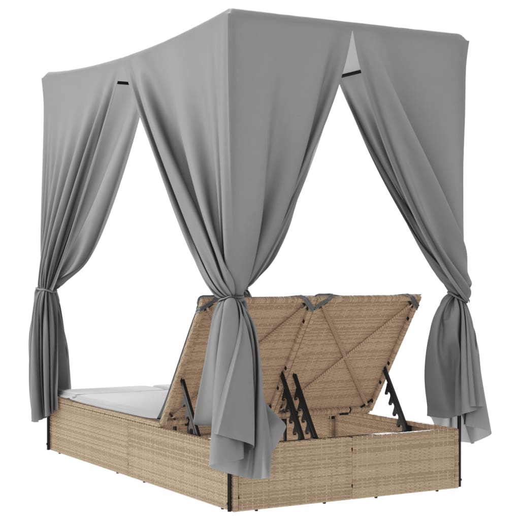 Double sun lounger with roof and curtains in beige PE wicker