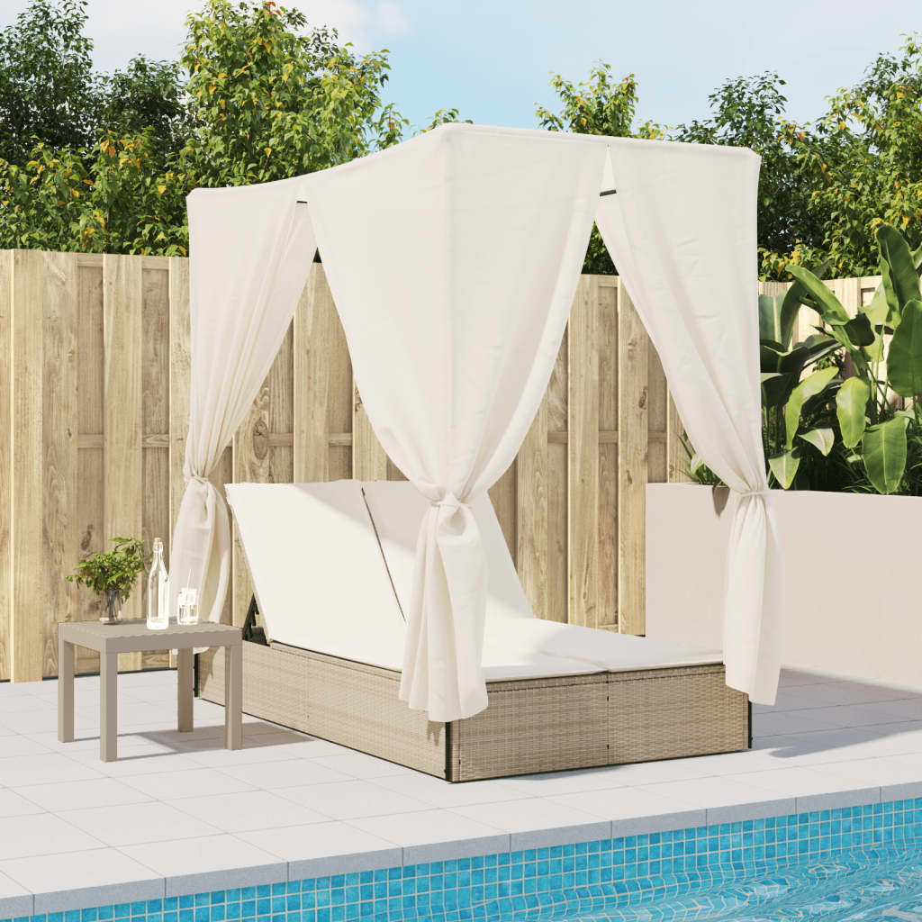 Double sun lounger with roof and curtains in beige PE wicker