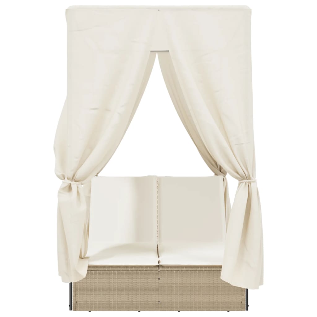 Double sun lounger with roof and curtains in beige PE wicker