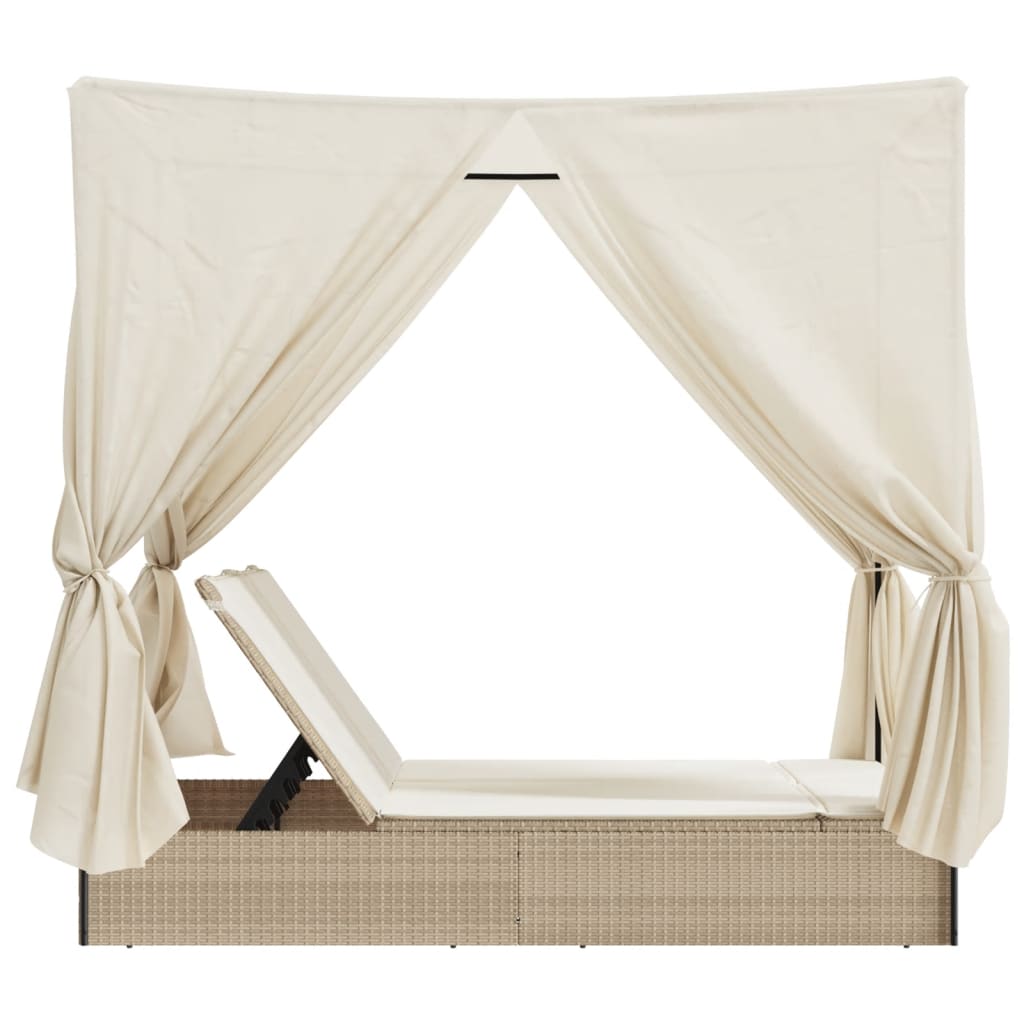 Double sun lounger with roof and curtains in beige PE wicker