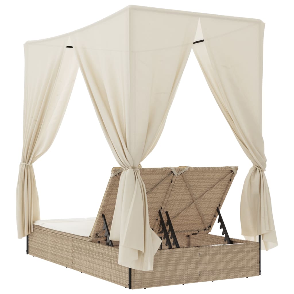 Double sun lounger with roof and curtains in beige PE wicker