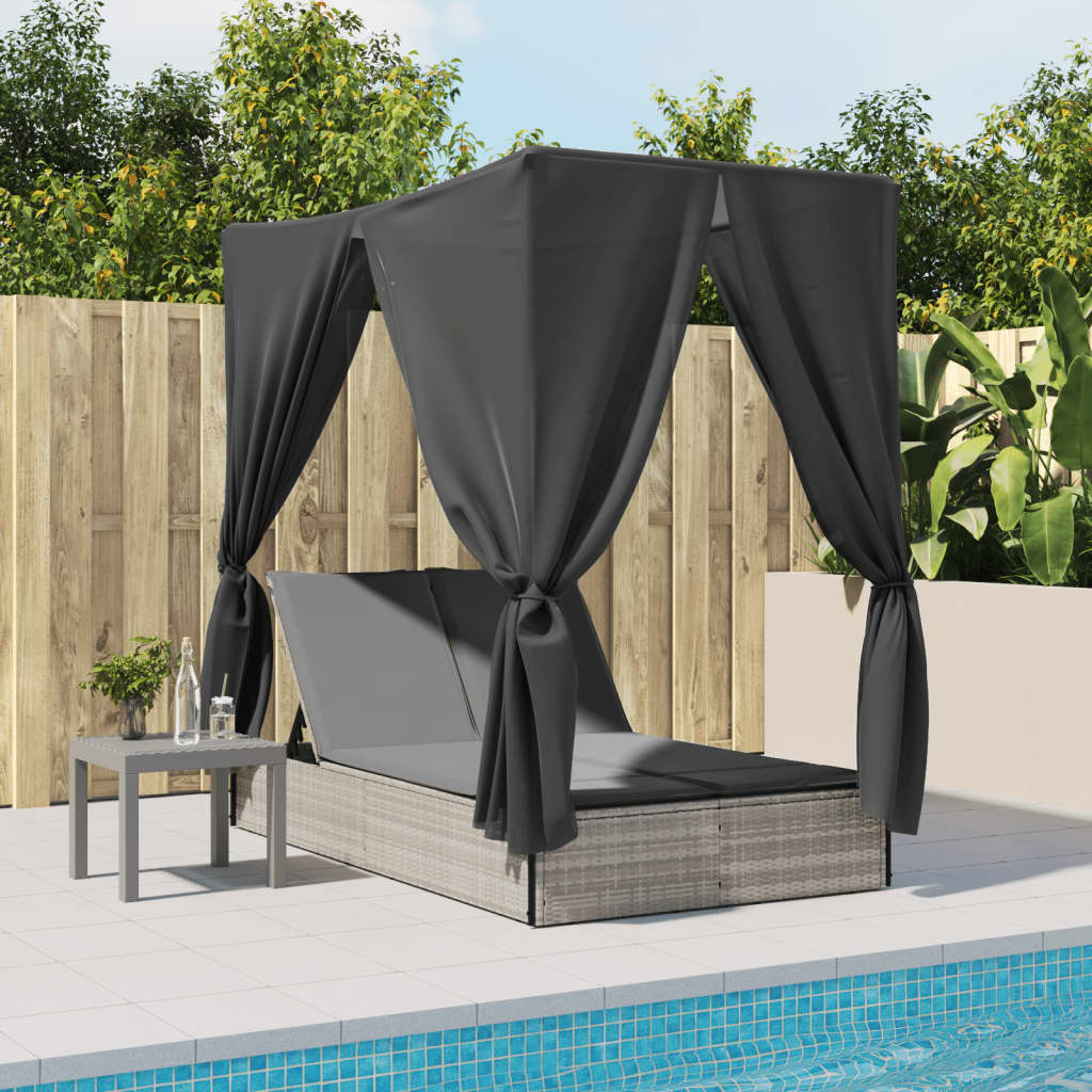Double sun lounger with roof and curtains in light grey poly rattan