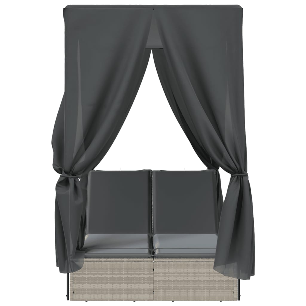 Double sun lounger with roof and curtains in light grey poly rattan