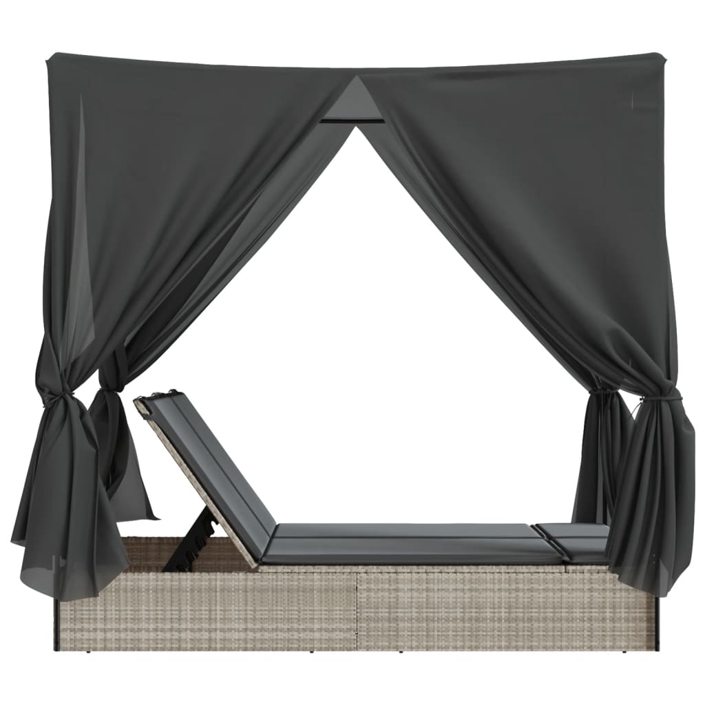 Double sun lounger with roof and curtains in light grey poly rattan