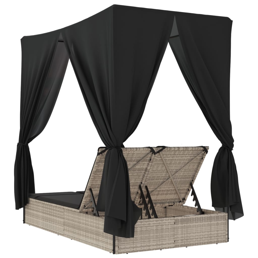 Double sun lounger with roof and curtains in light grey poly rattan
