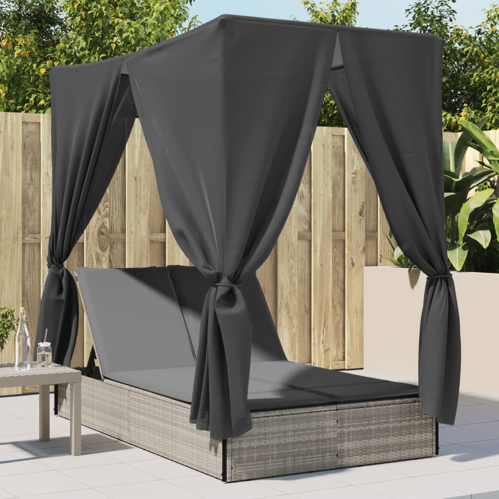 Double sun lounger with roof and curtains in light grey poly rattan