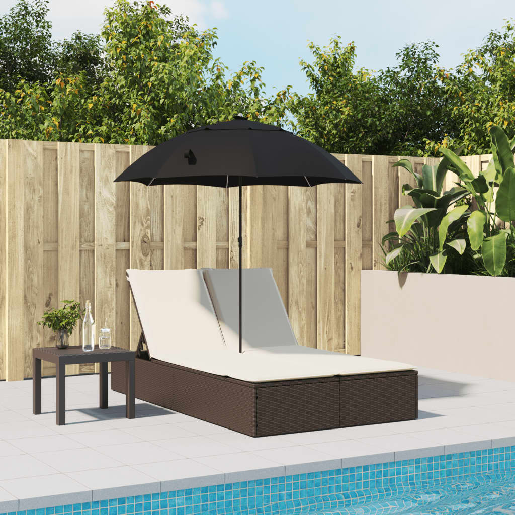 Double sun lounger with cushions and parasol in brown PE wicker