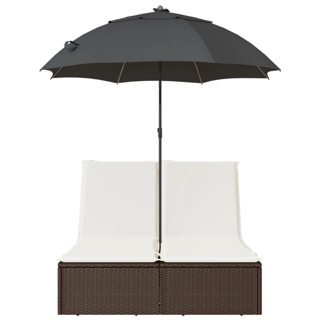 Double sun lounger with cushions and parasol in brown PE wicker