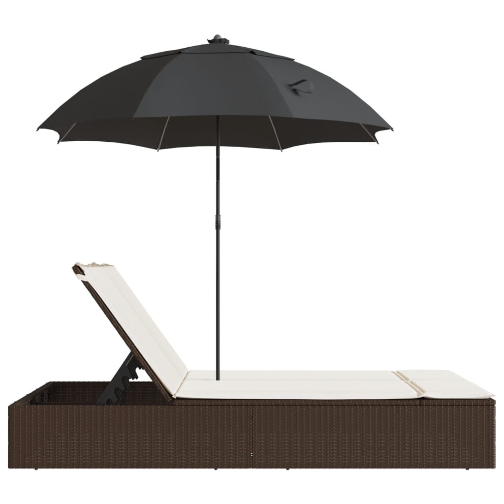 Double sun lounger with cushions and parasol in brown PE wicker