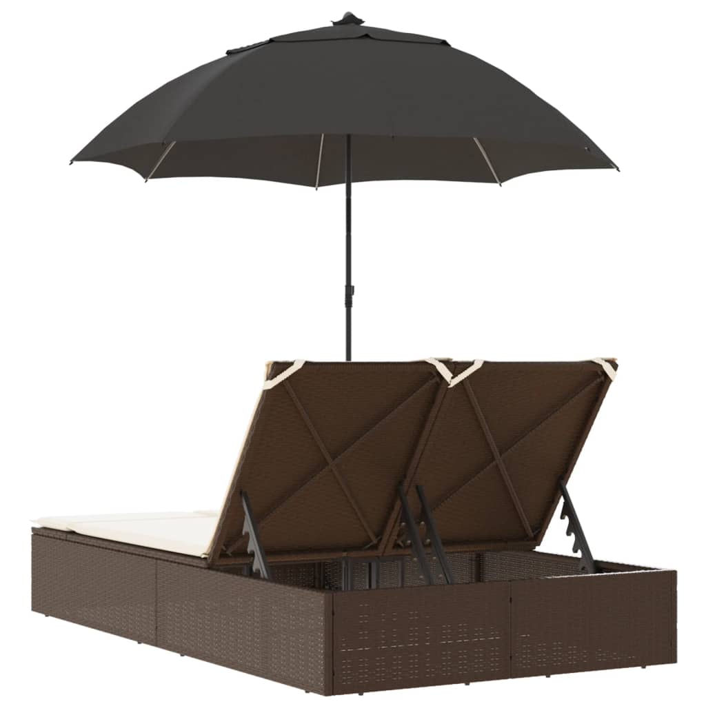 Double sun lounger with cushions and parasol in brown PE wicker