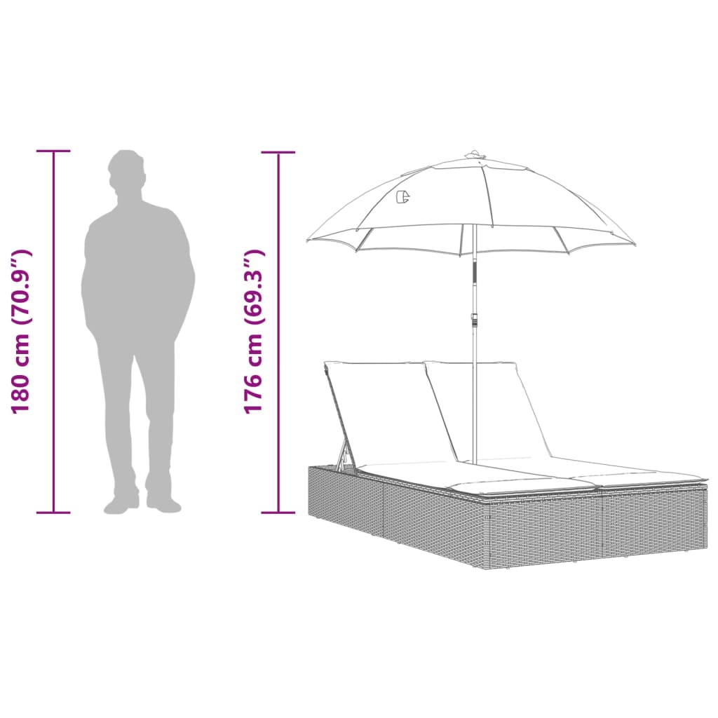 Double sun lounger with cushions and parasol in brown PE wicker
