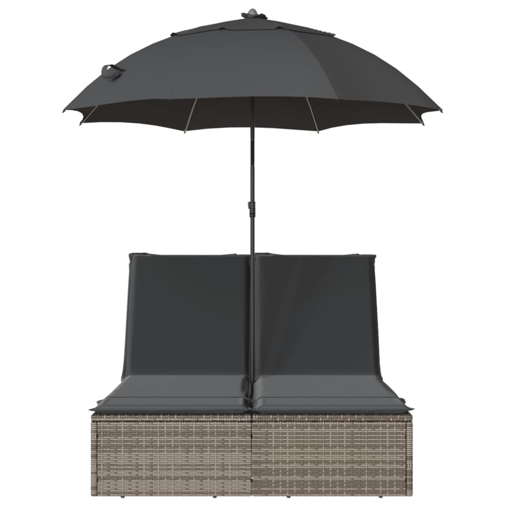 Double sun lounger with cushions and parasol in brown PE wicker