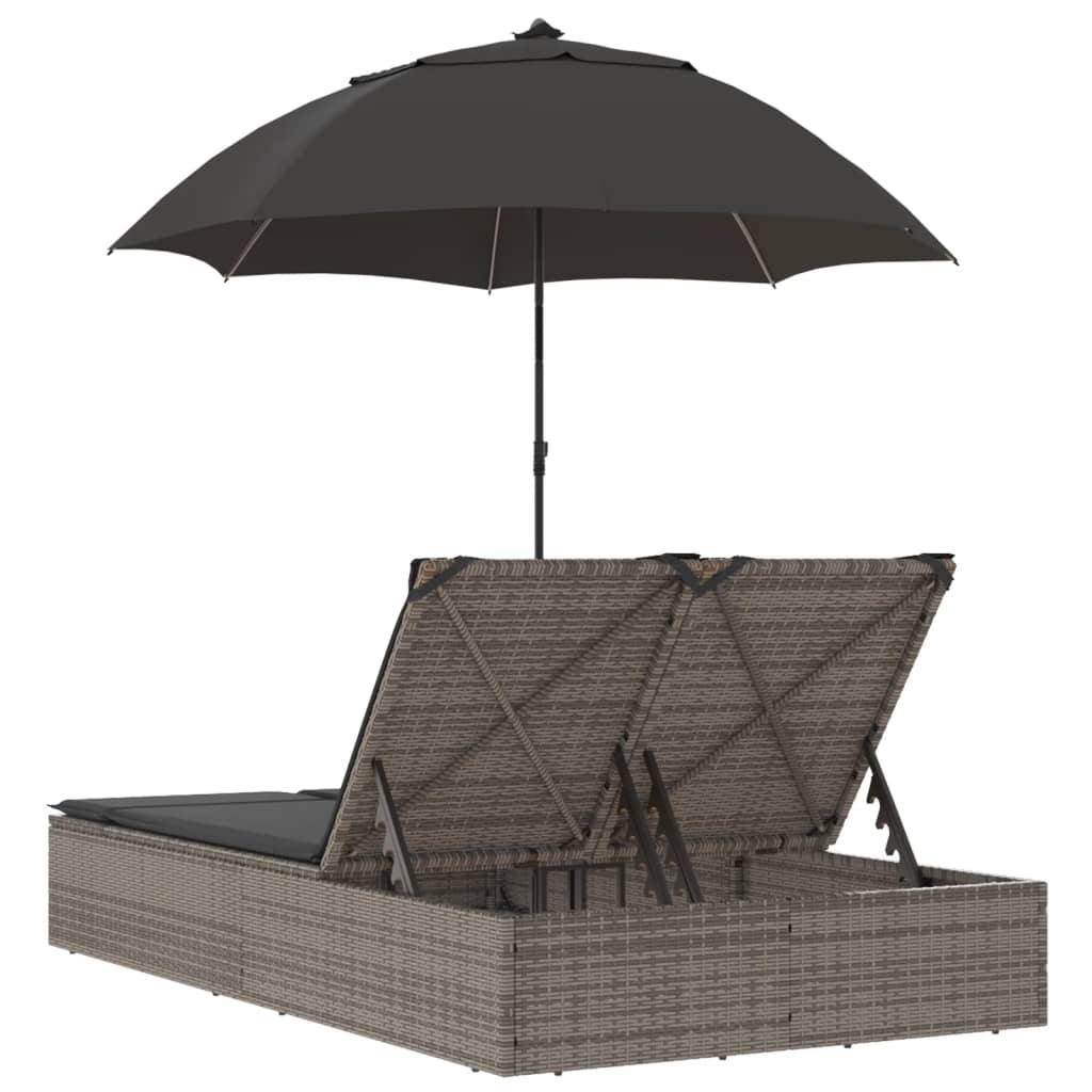 Double sun lounger with cushions and parasol in brown PE wicker