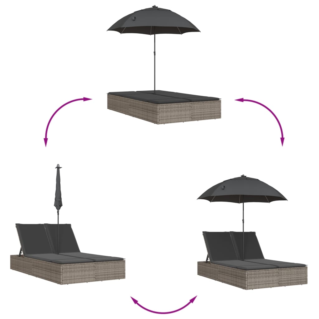 Double sun lounger with cushions and parasol in brown PE wicker