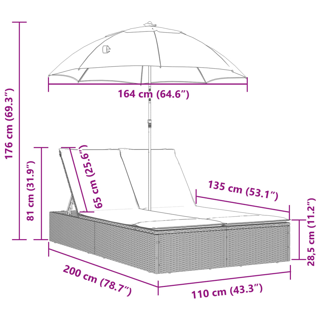 Double sun lounger with cushions and parasol in brown PE wicker