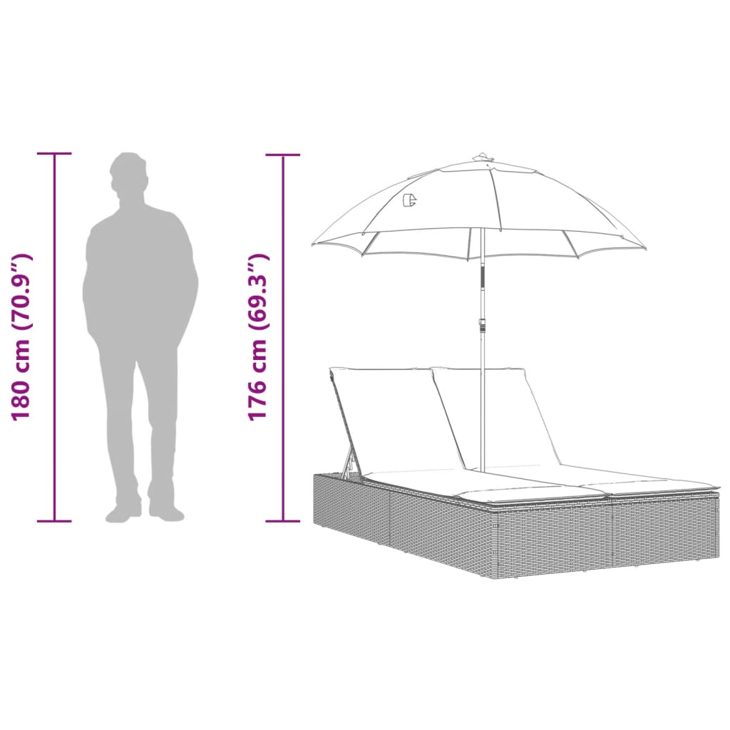 Double sun lounger with cushions and parasol in brown PE wicker