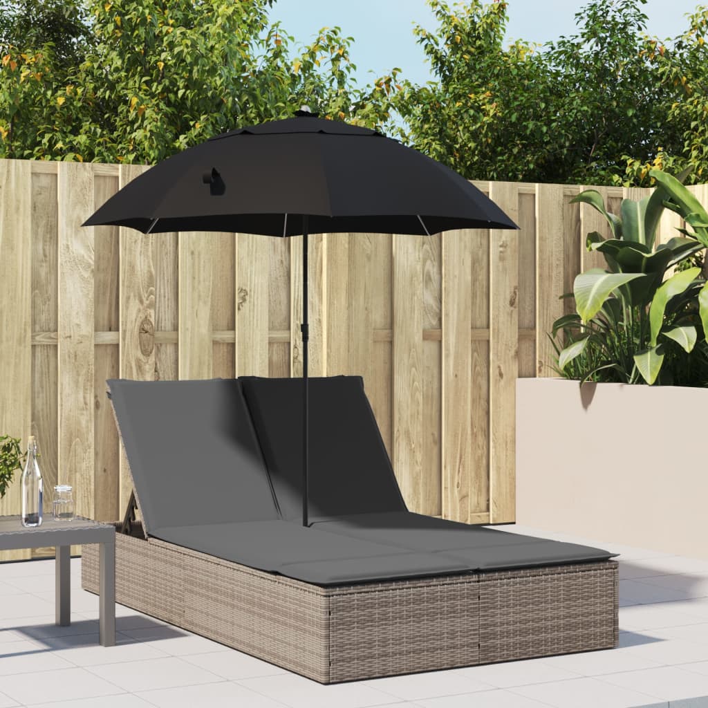 Double sun lounger with cushions and parasol in brown PE wicker