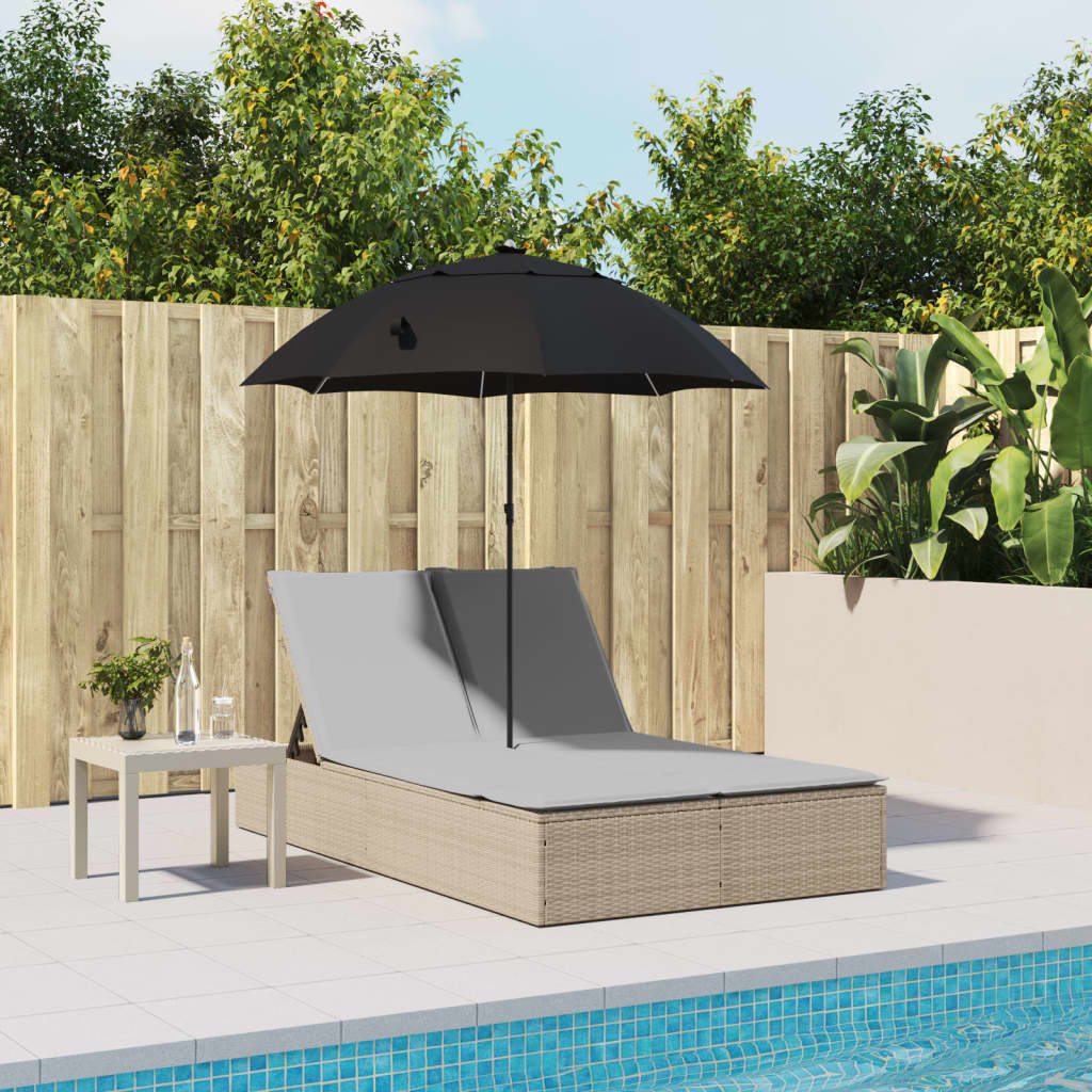 Double sun lounger with cushions and parasol in PE wicker, beige