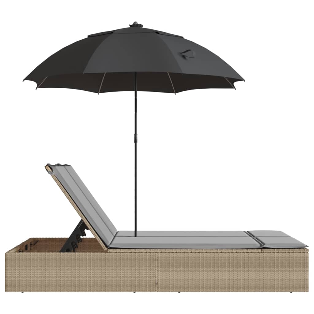 Double sun lounger with cushions and parasol in PE wicker, beige