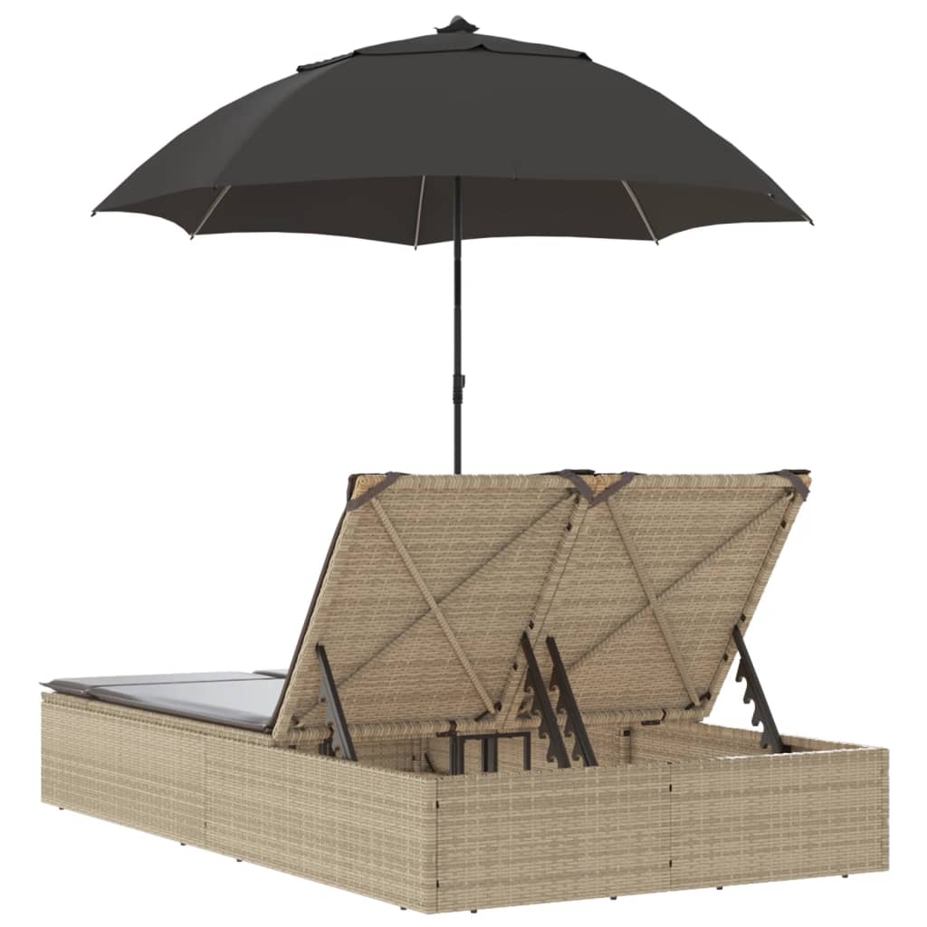 Double sun lounger with cushions and parasol in PE wicker, beige
